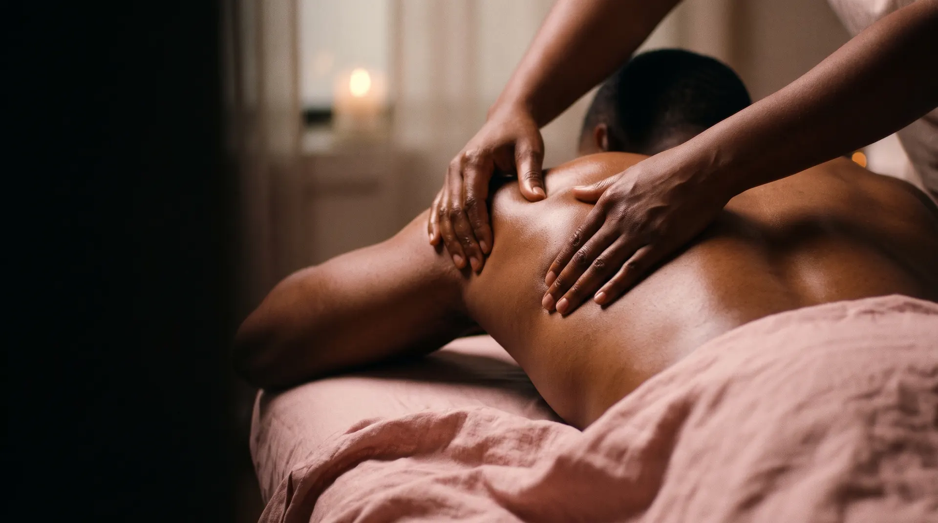 Two hands slowly kneading the shoulder of an athlete lying face down