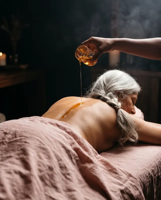 Warm oil poured in a thin ribbon onto an older woman's back
