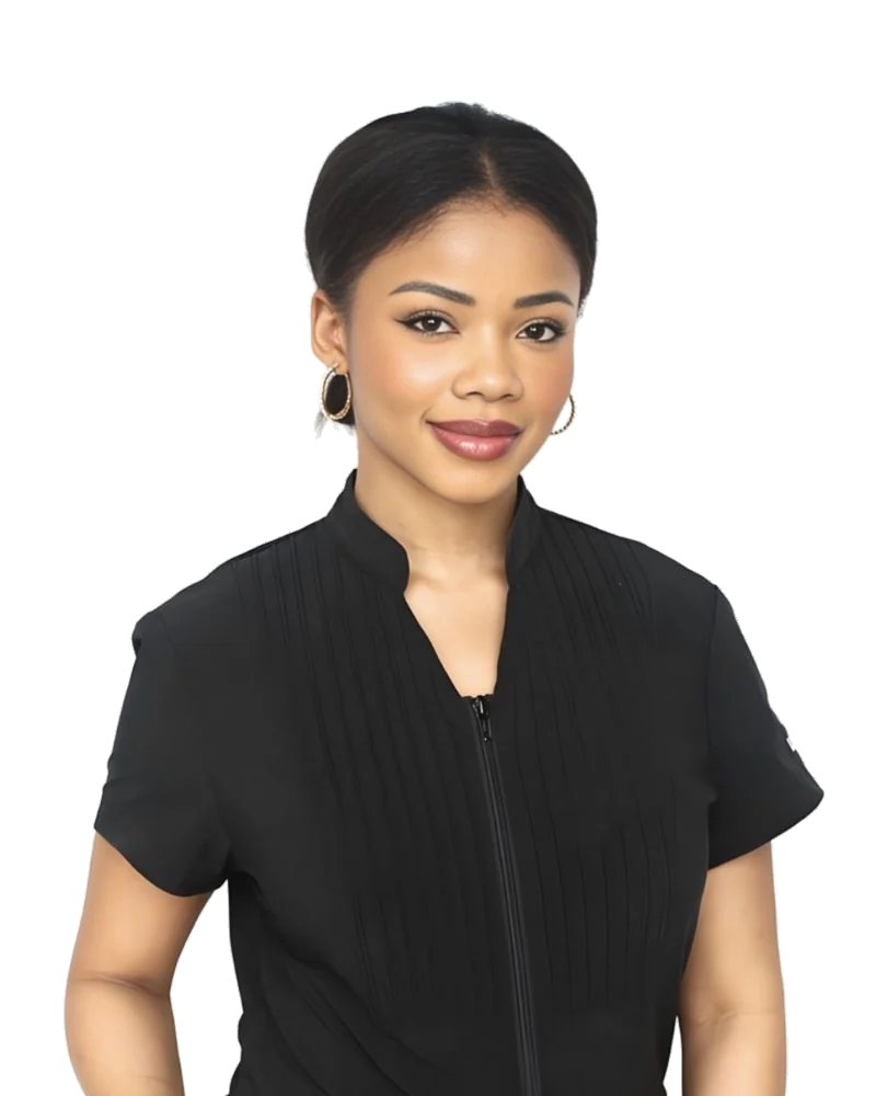 Mikki, founder of Fix My Pain, in her black studio uniform